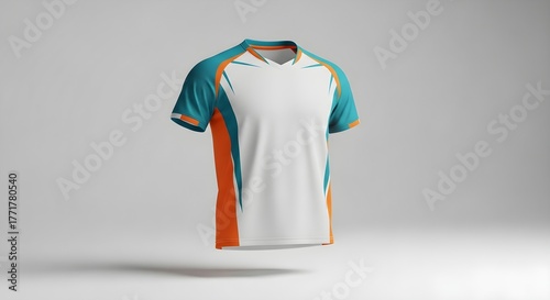 Floating athletic jersey with teal sleeves, white torso, orange side panels, under studio lighting!!