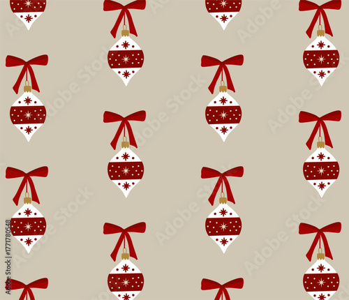 Minimal seamless pattern with festive Christmas ornaments and red bows. Perfect for greeting cards, wrapping paper, textiles, festive backgrounds, and holiday design projects.