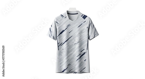 Lightweight athletic jersey in light gray with scattered blue diagonal streaks and a V-necked collar