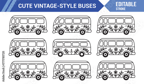 Minimalist Travel Bus Icons – Vintage Line Art Vehicle Vector Set