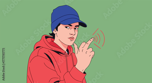 Man in blue hat and red hoodie pointing at an interactive signal