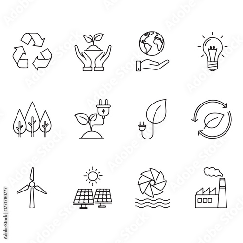 Collection of handdrawn ecofriendly icons representing sustainability, renewable energy, and environmental protection