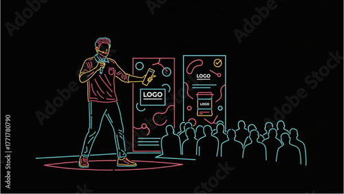 High Quality Black and Colorful Continuous Line Art of Presenter on Stage Introducing New Product