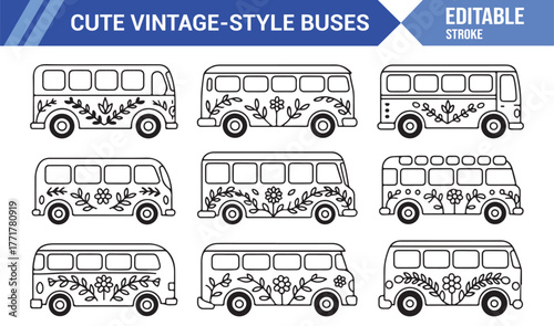 Classic Vintage Van Illustrations – Editable Stroke Retro Travel Set