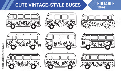 Boho Camper Bus Icons – Minimal Vintage Vehicle Line Vector Art