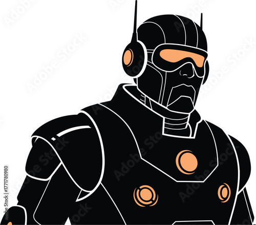 Close-up portrait of a robot with orange accents android, robot, android, cyborg, futuristic, technology, science fiction, ai, artificial intelligence, mechanical, machine, orange, black, white, outli