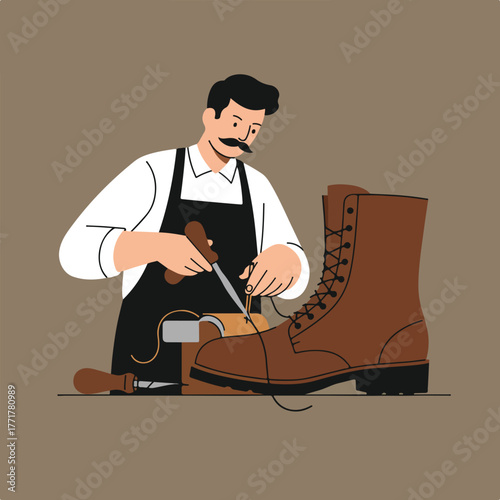 A craftsman in an apron, working on a boot with tools and thread. A brown boot is the focal point