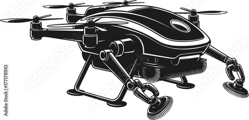 Detailed illustration of a drone with robotic arms, drone, uav, unmanned aerial vehicle, quadcopter, robot, robotic arms, technology, aerial, surveillance, delivery, industrial, mechanical, engineerin