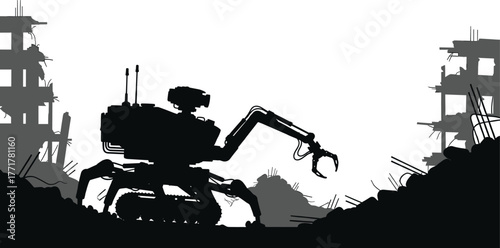 Demolition robot in ruins silhouette construction destruction, robot, demolition, construction, destruction, ruins, debris, rubble, industrial, machine, mechanical, technology, future, science, warfar