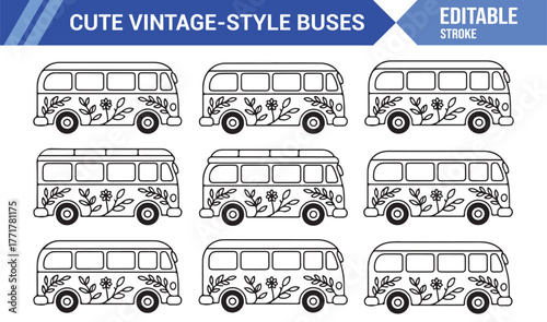 Retro Travel Bus Illustrations – Cute Minimal Line Art Vehicle Collection
