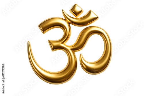 Golden Om Symbol — Glossy 3D Aum Glyph, Sacred Sanskrit Mantra Icon Isolated on white background