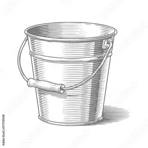 Vintage Metal Bucket with Wooden Handle Illustration



