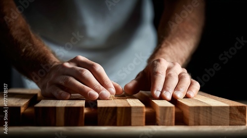 Close-up of a craftsman arranging wooden blocks on a table with precision and care