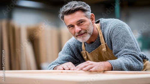 Skilled carpenter working on a wooden project in a workshop wearing a sweater and apron