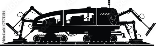 Futuristic spider-like robot with wheels and arms robot, futuristic, mechanical, heavy, crawler, spider-like, tracks, multi-limbed, advanced, illustration, futuristic, science, complex, arms, white,