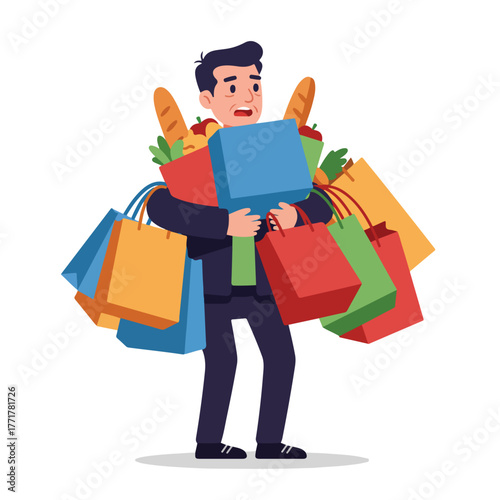 A man struggles, overloaded with shopping bags and groceries. Expression shows the weight of his purchases