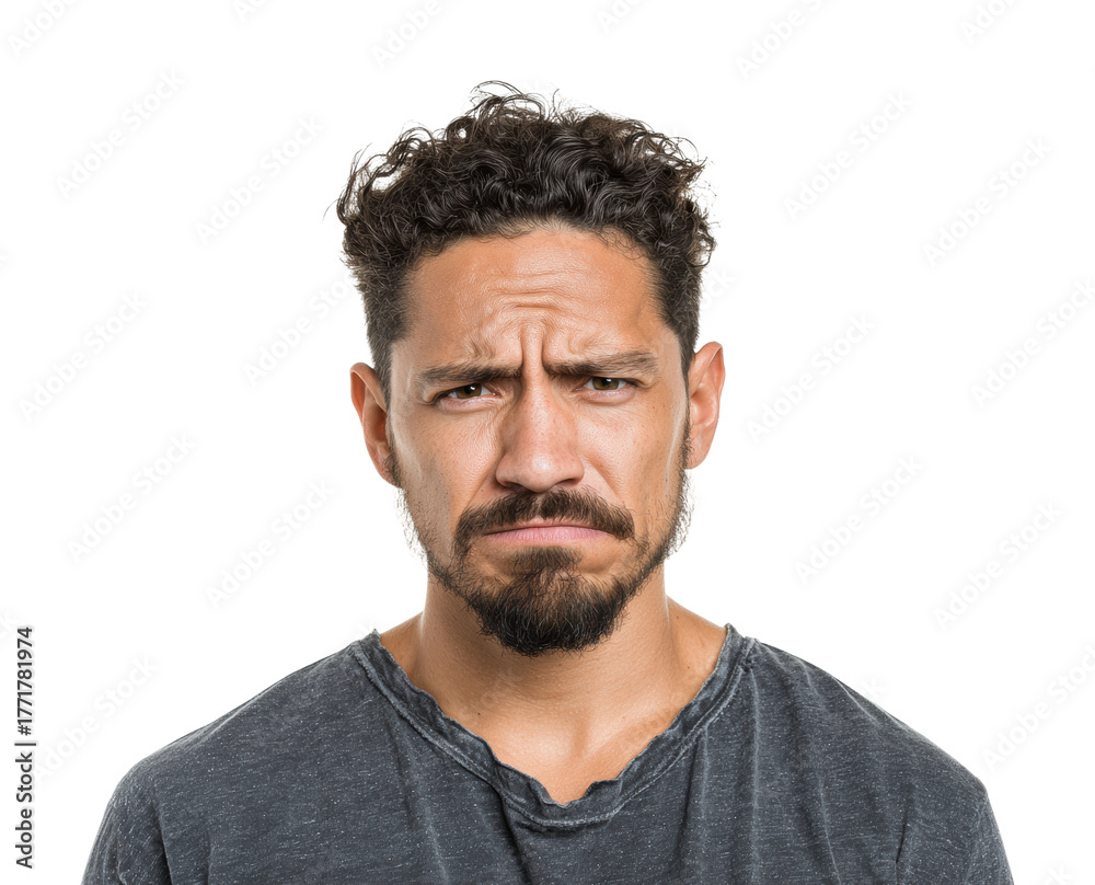 Fototapeta premium Frustrated man's expression portrait neutral isolated on transparent background