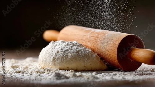 Rolling pin resting on freshly kneaded dough with flour spread on a wooden surface, ready for baking preparation