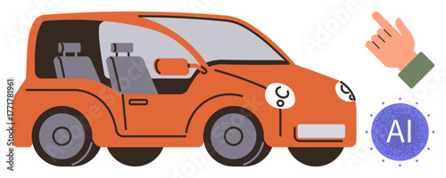 Orange car with visible seats, AI technology emblem, and hand gesture pointing. Ideal for AI, automation, self-driving, innovation, transportation smart navigation futuristic ideas. Simple flat