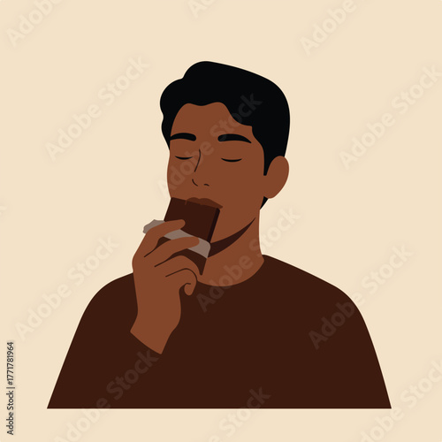 A person with dark skin, eyes closed, savoring a chocolate bar. Brown tones dominate. Simple illustration