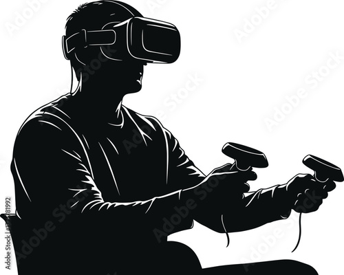 Man wearing VR headset and holding controllers virtual reality, VR, headset, goggles, interactive, immersive, illustration,  cyberspace, controllers, white, futuristic, digital, technology, reality, i