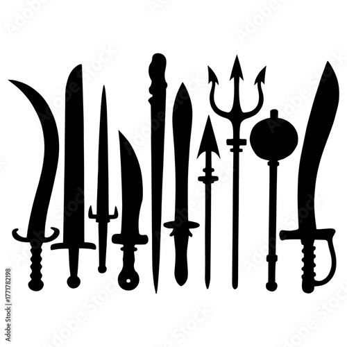 Collection of silhouetted ancient and fantasy weapons sword