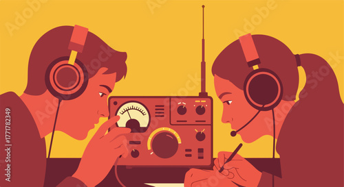 Two figures with headphones listening to radio. One adjusts the dial while the other writes