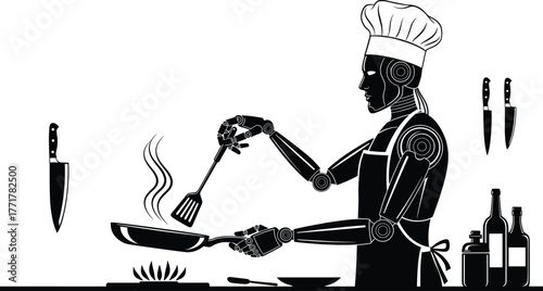 Robot chef cooking with frying pan and stove kitchen, robot, chef, cooking, kitchen, food, preparation, frying pan, stove, spatula, steam, knives, bottles, apron, hat, technology, automation, illustra