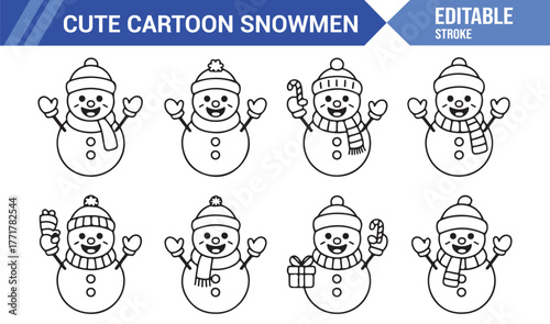 Winter Snowman Line Art – Cute Cartoon Holiday Character Icons