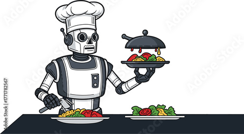 Robot chef serving food on plates with a dome lid cooking, robot, chef, cooking, food, serving, kitchen, restaurant, futuristic, technology, artificial intelligence, mechanical, android, waiter, butle
