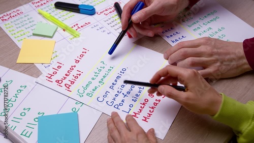 Education and grammar concepts. A Spanish teacher writes down vocabulary for students.