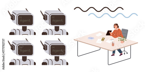 Woman seated at desk using digital assistants represented by robots, with abstract communication waves above. Ideal for automation, AI, teamwork, innovation, communication, productivity