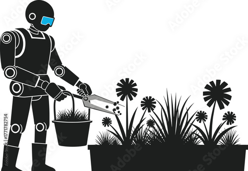 Robot Gardening with Scissors and Bucket automation, robot, gardening, automation, technology, futuristic, android, mechanical, artificial intelligence, plants, flowers, weeding, agriculture, horticul
