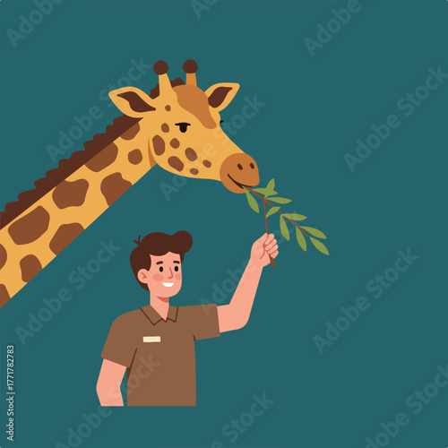 A giraffe nibbles from leaves held by a smiling zookeeper on a teal background. The scene is friendly & inviting