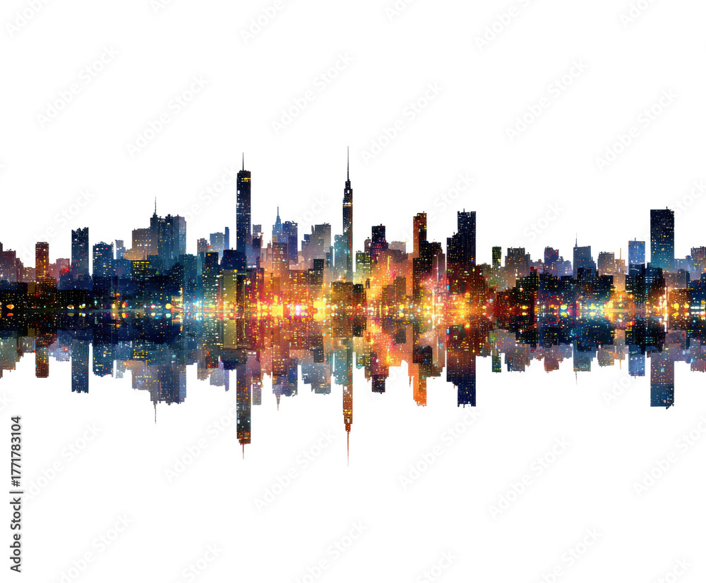 Obraz premium City skyline night reflection urban landscape aesthetic isolated on transparent background