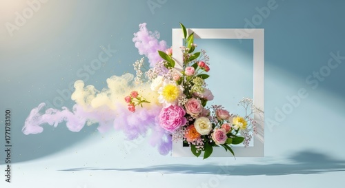 A delicate floral arrangement featuring pastel-colored flowers such as peonies, roses, and daisies emerging from a white geometric frame, accompanied by soft, dreamy clouds in shades of lavender, pink