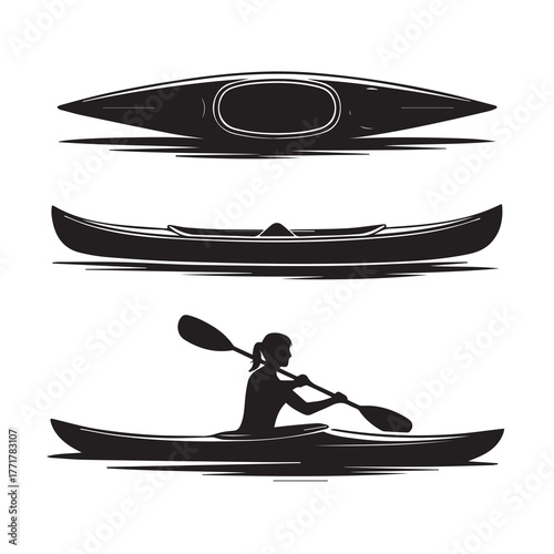 Collection of Black Silhouette Women Paddling Kayaks