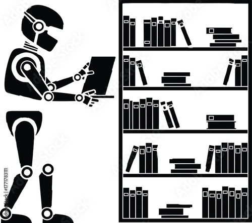 Robot using laptop next to a bookshelf robot, artificial intelligence, AI, technology, access, storage, bookshelf, illustration, description:, books, white, science, digital, technology, laptop, robot