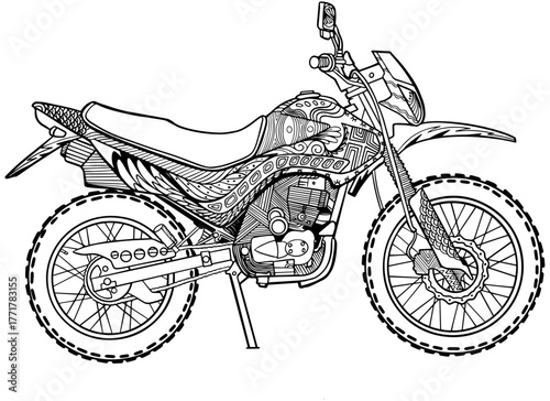 Motocross Motorcycle Engraving, Offroad Enduro Bike Line Art, Detailed Black and White Etching Illustration Isolated on Transparent Background