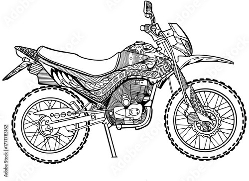 Motocross Motorcycle Engraving, Offroad Enduro Bike Line Art, Detailed Black and White Etching Illustration Isolated on Transparent Background