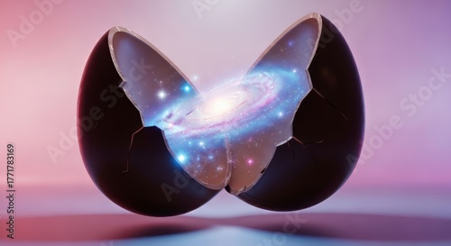 Abstract 3D art of a glowing egg-shaped object with broken chocolate texture, floating in soft pink lighting. A stylish mix of surrealism and modern digital art.