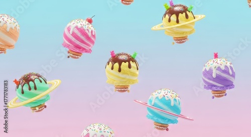 A whimsical seamless pattern of planet-shaped ice creams in pastel colors, featuring scoops decorated with chocolate drizzle, sprinkles, and cherries, each encircled by candy-like rings. Set against a
