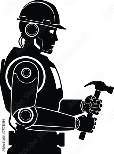Robot wearing hard hat holding a hammer android cyborg, robot, android, cyborg, construction, worker, hard hat, helmet, hammer, tool, holding, industrial, technology, future, automation, mechanical,