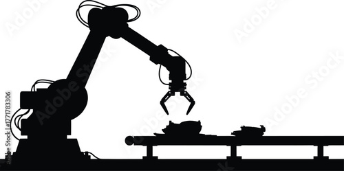 Robotic arm on conveyor belt silhouette automation, robot, robotic arm, automation, industrial, factory, manufacturing, technology, machine, mechanical, conveyor belt, production, assembly line, engin