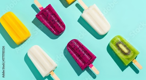 A vibrant flat-lay arrangement of colorful popsicles placed on a bright turquoise background.