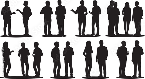 Silhouettes of various people interacting and conversing, showcasing communication, discussion, and social gatherings in simple black and white design for diverse applications