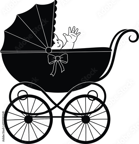 Joyful baby waving from vintage pram, celebrating new life and family moments.