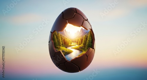 Luxurious 3D rendering of a cracked chocolate egg glowing with warm light, representing creativity, elegance, and high-end artistic imagination.