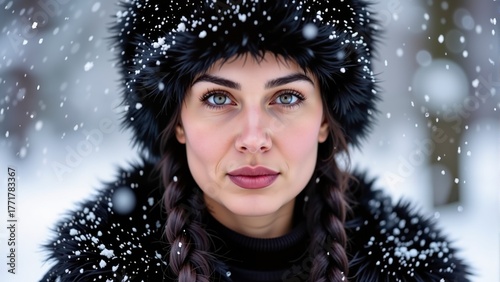 Young woman with blue eyes in black fur hat and coat standing in falling snow with braided hair