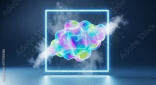 A glowing holographic cloud with iridescent rainbow colors floating inside a bright neon square frame against a dark blue background. The surreal and futuristic composition features soft mist, luminou